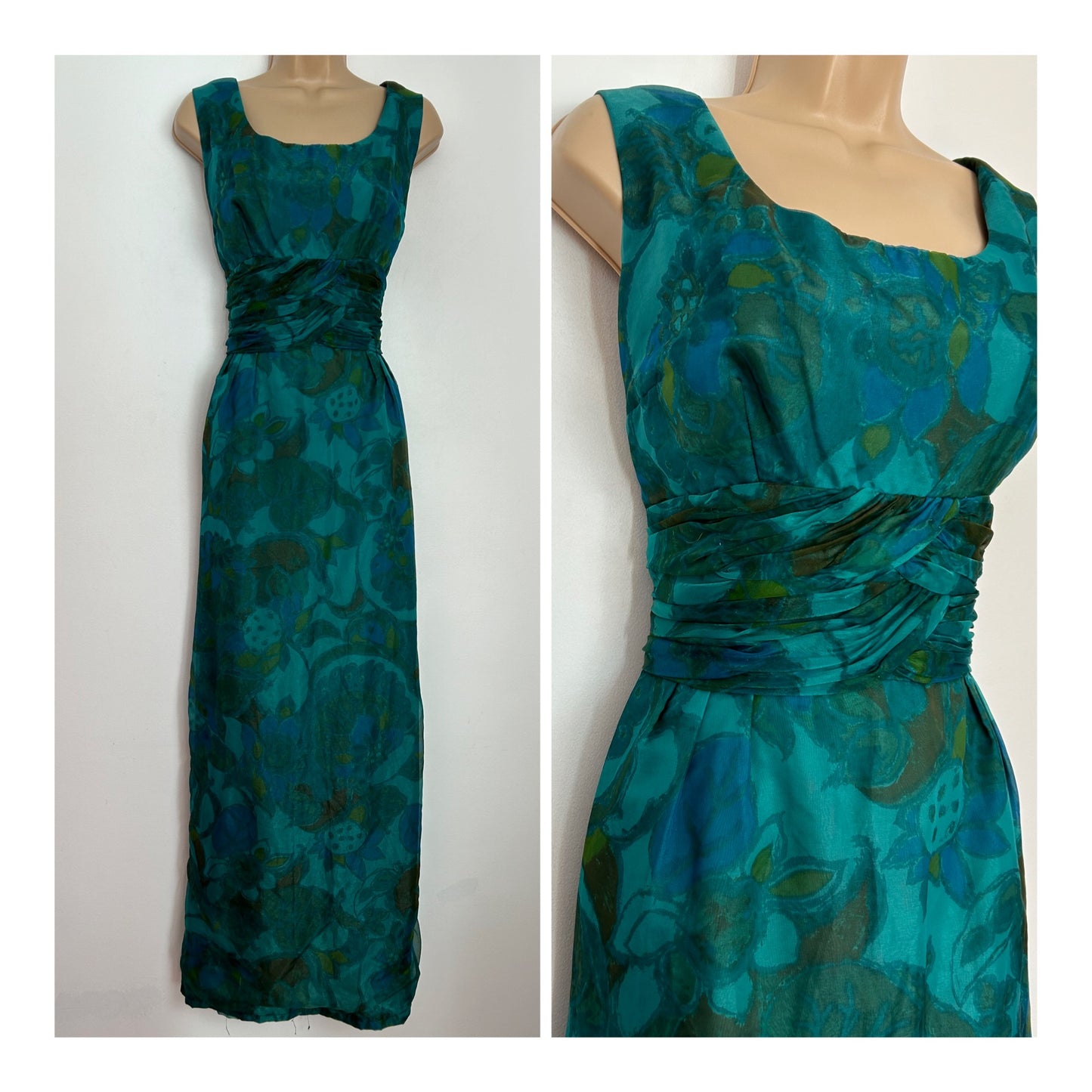 Vintage Early 1960s UK Size 12 Green Tones Floral Print Ruched Waist Detail Occasion Maxi Dress