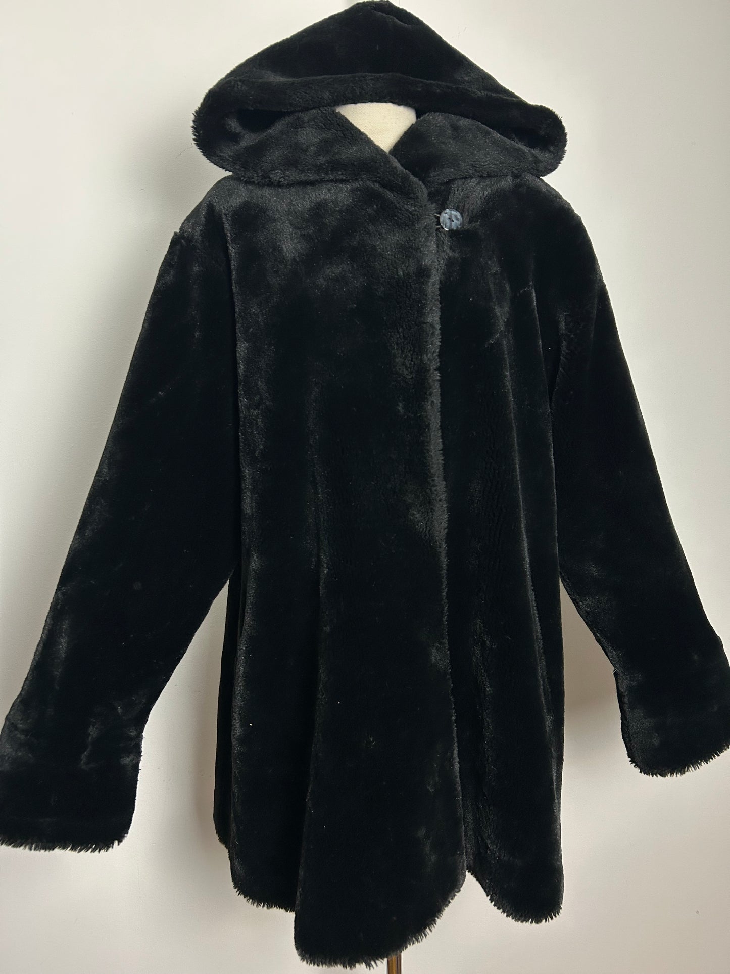 Vintage 1980s CLASSICS Up To Size 16 Black Hooded Faux Fur Coat