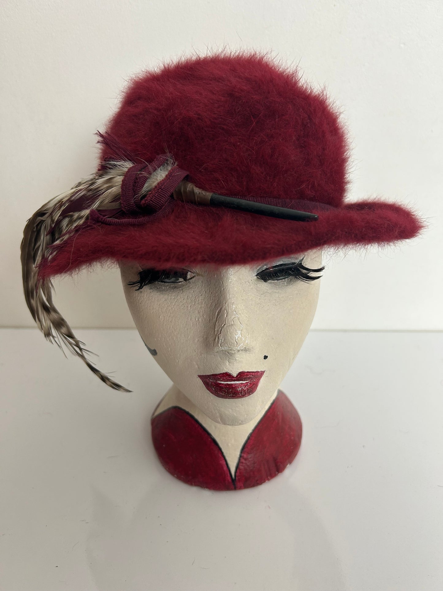 Vintage 1970s Maroon Angora Mix Feather Trim Traditional Austrian Hat