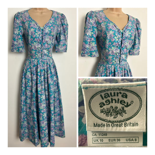 Vintage 1980s LAURA ASHLEY Size 6 Turquoise Pink & Blue Floral Cotton Tea Dress