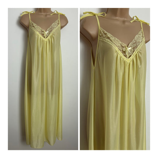 Vintage 1970s Size 8-10 Lemon Nylon Lace Trim Tie Shoulder Nightdress (Reduced Due To Issues)