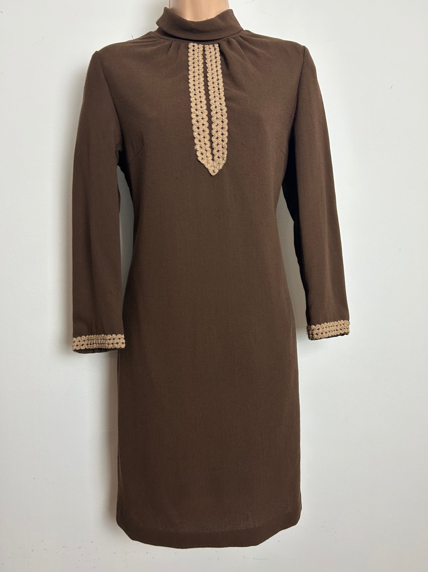 Vintage 1960s HAUTE COUTURE MODELL Size 10 Brown Wool Mix Braid Trim Mod Shift Dress