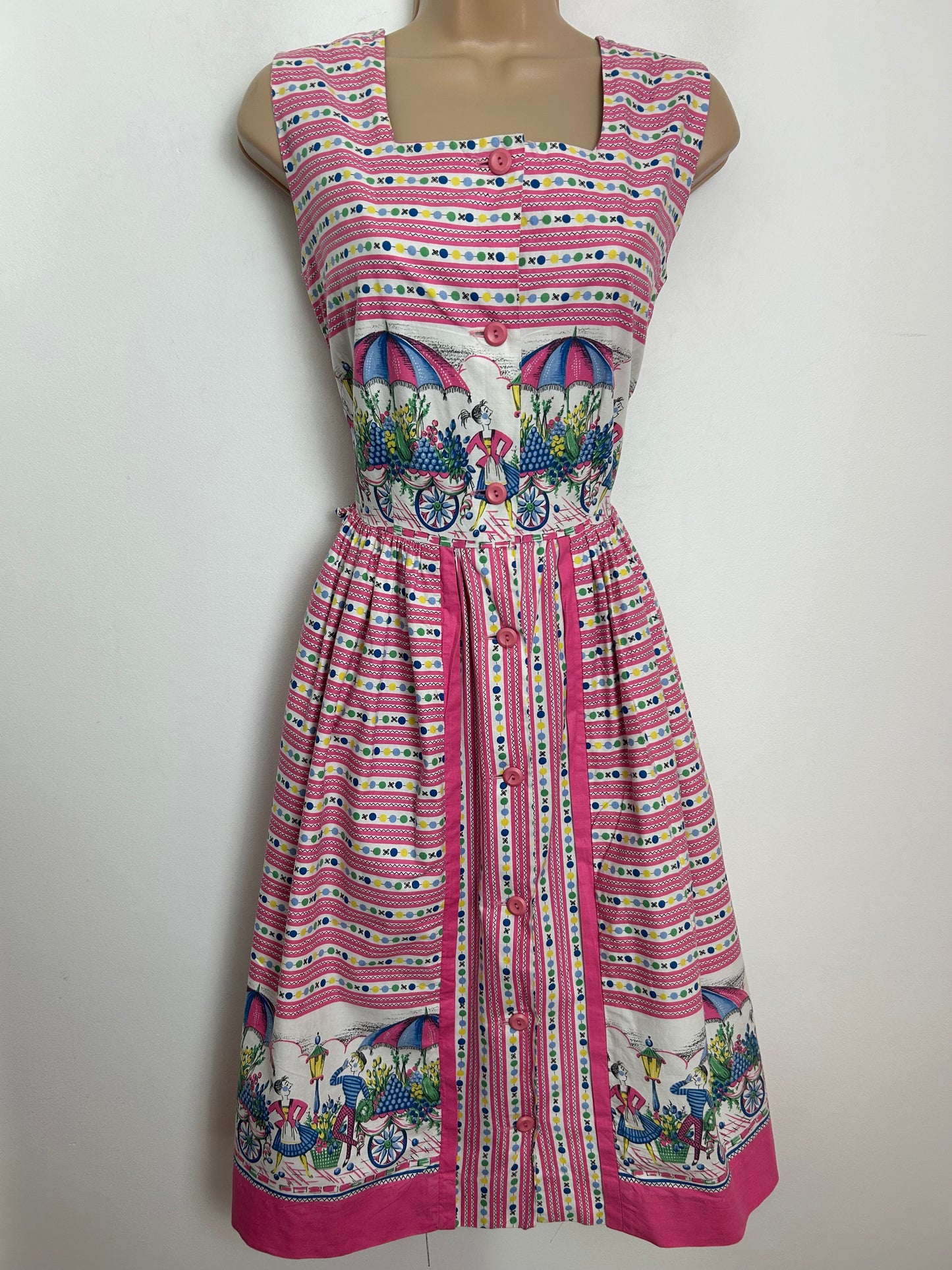 Vintage Late 1950s Early 1960s Size 8 Pink White & Blue Spot Stripe & Flower Stall Novelty Print Cotton Summer Day Dress