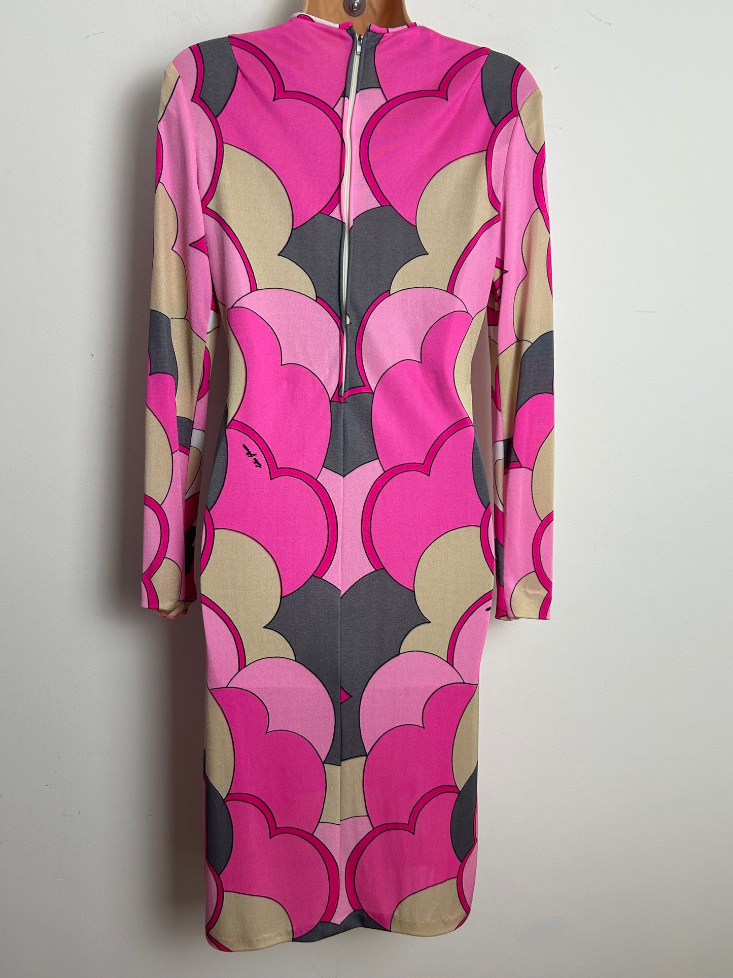 Vintage 1960s 70s Collectable Rare COLIN GLASCOE Size 12-14 Pink Grey Beige & White Psychedelic Print Ban-Lon Jersey Shift Dress