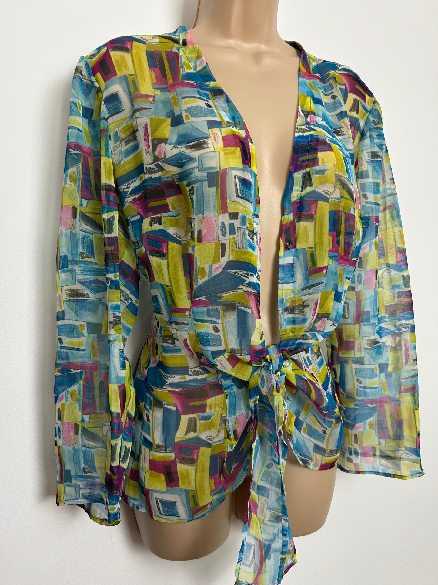 Vintage 1980s Size 12 Blue Pink & Yellowy Green Abstract Print Semi Sheer Tie Front Cover Up Top