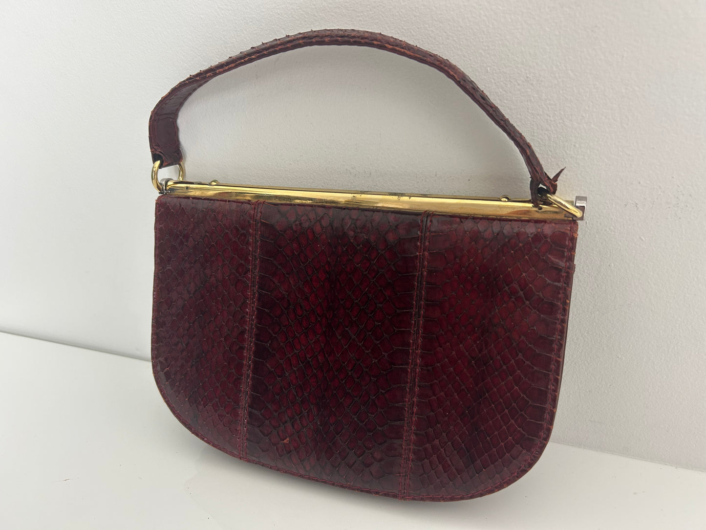 Vintage 1970s MAGLI Made In Italy Red Oxblood Snake Skin Unusual Shaped Handbag