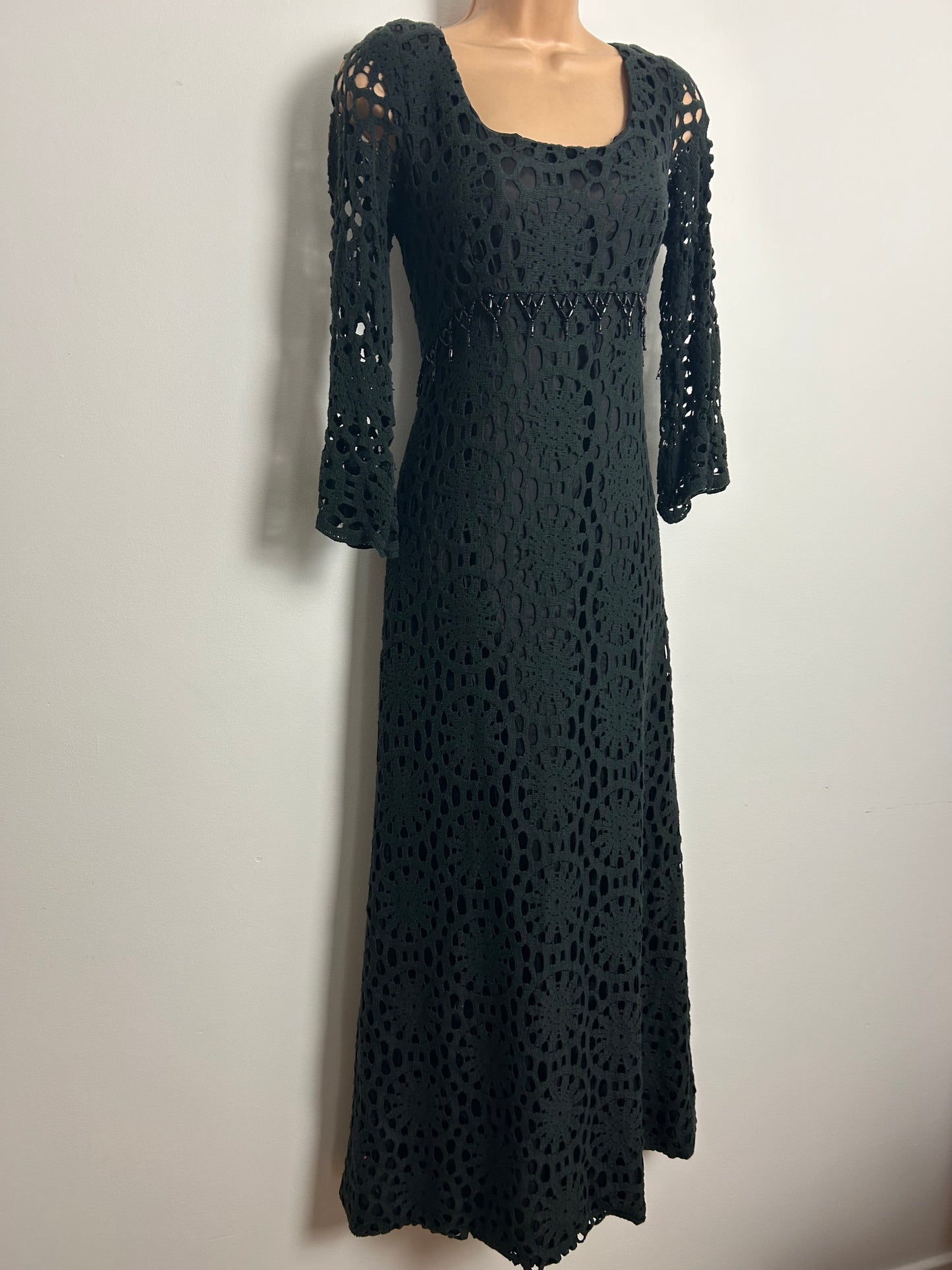 Vintage 1970s CLIFTON Size 10-12 Black Mid Weight Cut Out Lace Fabric Column Occasion Maxi Dress