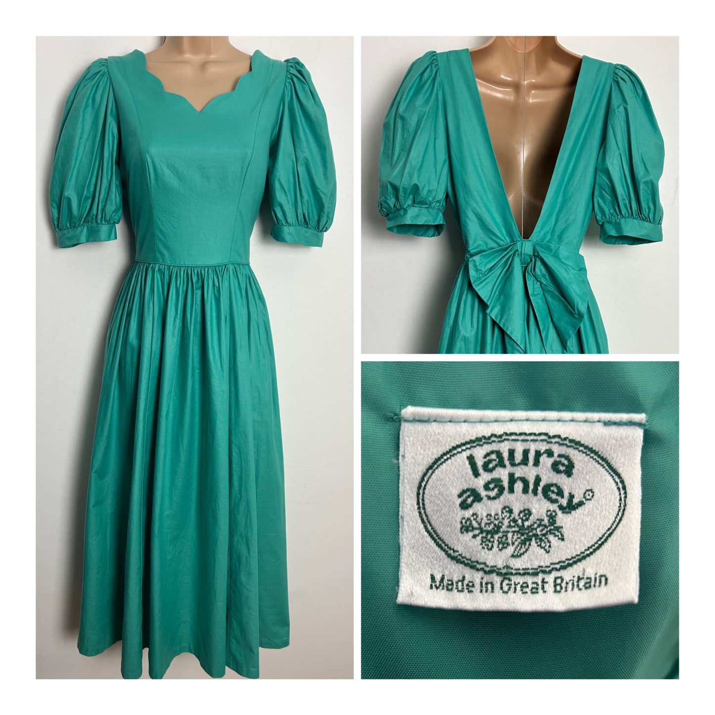 Vintage 1980s LAURA ASHLEY UK Size 6-8 (Size 10 On Label) Green Open Back Bow Detail Puffed Sleeve Gown/Dress