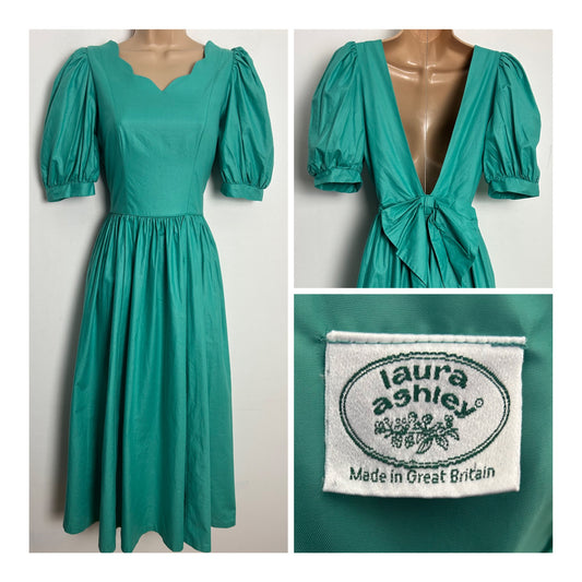 Vintage 1980s LAURA ASHLEY UK Size 6-8 (Size 10 On Label) Green Open Back Bow Detail Puffed Sleeve Gown/Dress