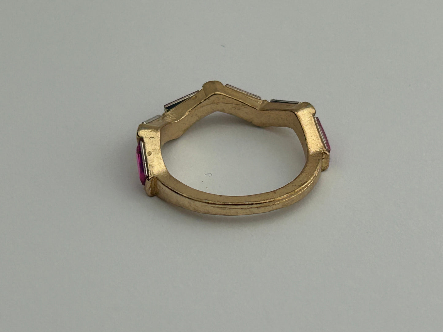 Vintage Gold Tone Base Metal Band Ring With Pink Stones Size O