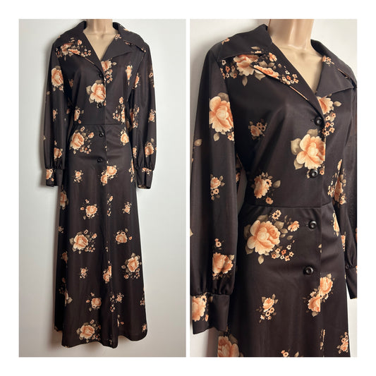 Vintage 1970s Size 14 Brown & Sandy Beige Floral Print Long Sleeve Dagger Collar Maxi Dress