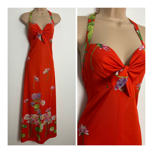 Vintage 1970s BLEYLE Size 8 Orange White Pink & Green Floral Print Tie Front Halterneck Summer Beach Maxi Dress