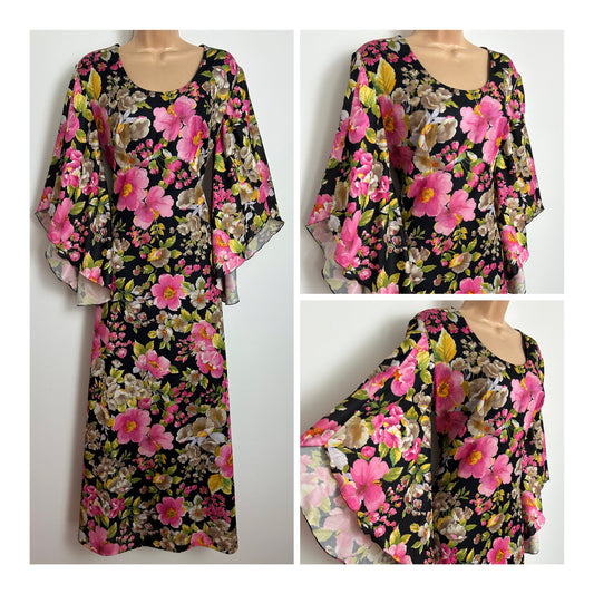 Vintage 1970s ANNE DE PARME Size 12 Black Pink & Beige Floral Print Flared Trumpet Sleeve Boho Maxi Dress