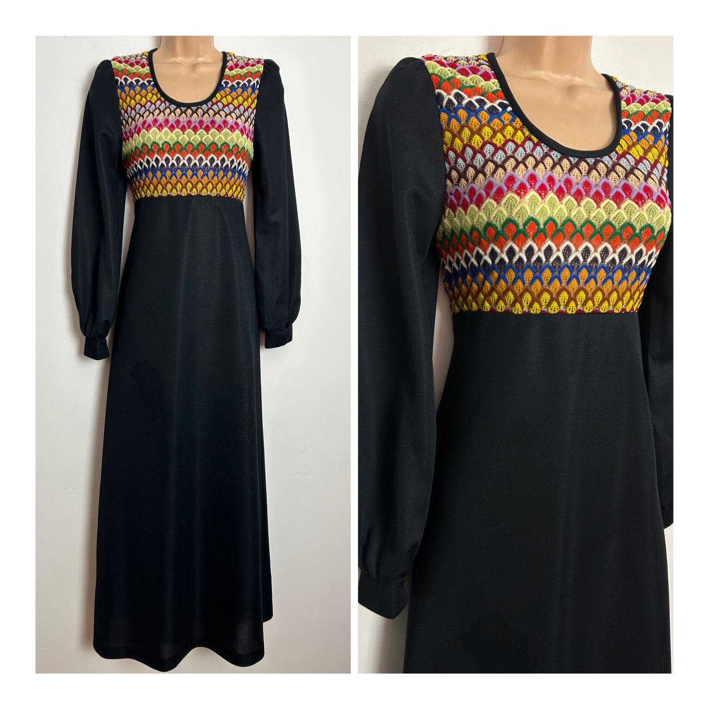 Vintage 1970s UK Size 8 Black & Multi Colour Lace Bodice Long Sleeve Boho Maxi Dress