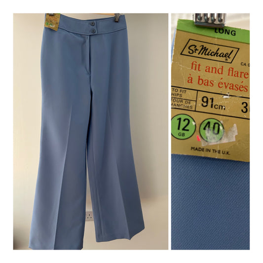 Vintage 1970s ST MICHAEL UK Size 6 DEADSTOCK Powder Blue Long Fit & Flare Flared Trousers