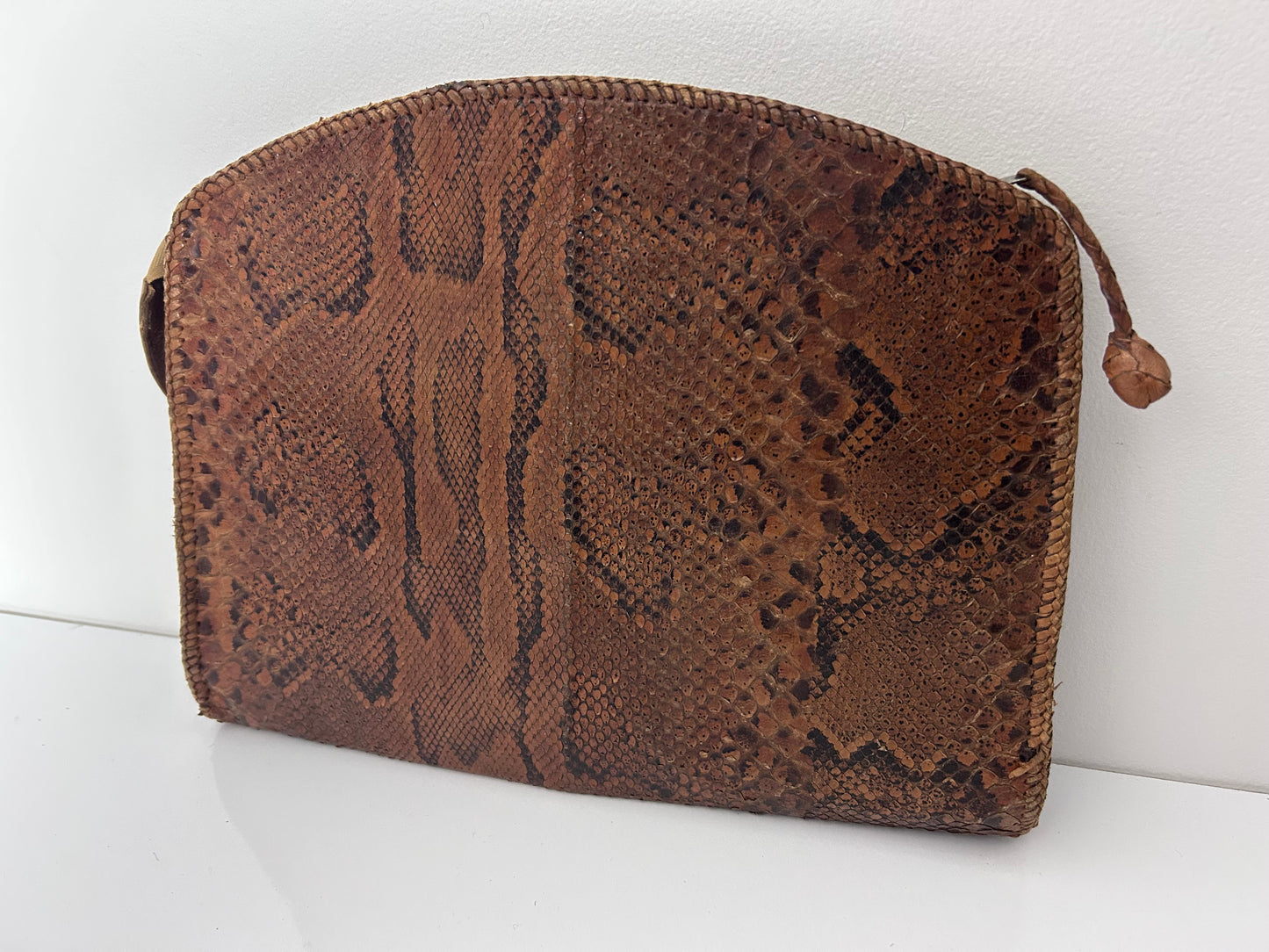 Vintage 1970s Large Brown Reptile Snake Skin Leather Folder Wallet Style Clutch Bag