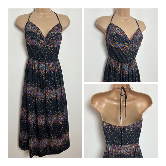 Vintage 1970s RASUREL Size 8-10 Black Ditsy Floral Print Halter Neck Open Back Button Through Summer Dress