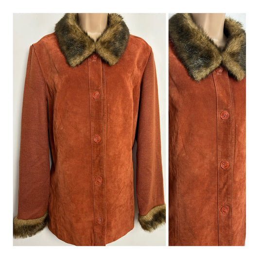 DENNIS BASSO UK Size L (14-16) Rusty Orange Genuine Suede & Wool Mix Faux Fur Trim Jacket