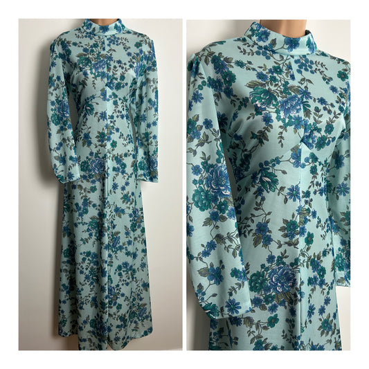 Vintage 1970s Size 14 Blue Tones Floral Print Long Sleeve High Neck Maxi Dress