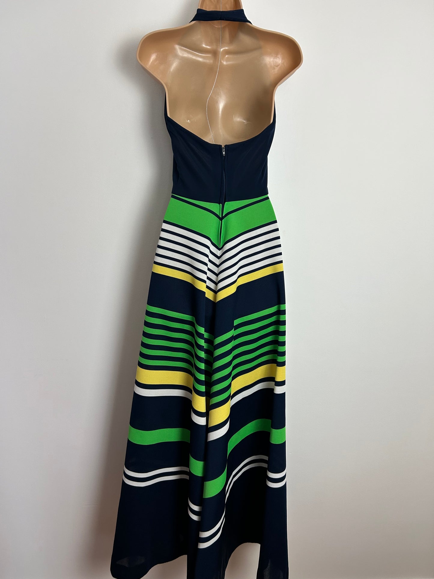 Vintage 1970s UK Size 6 Navy Blue Green & White Stripe Print Halterneck Maxi Dress