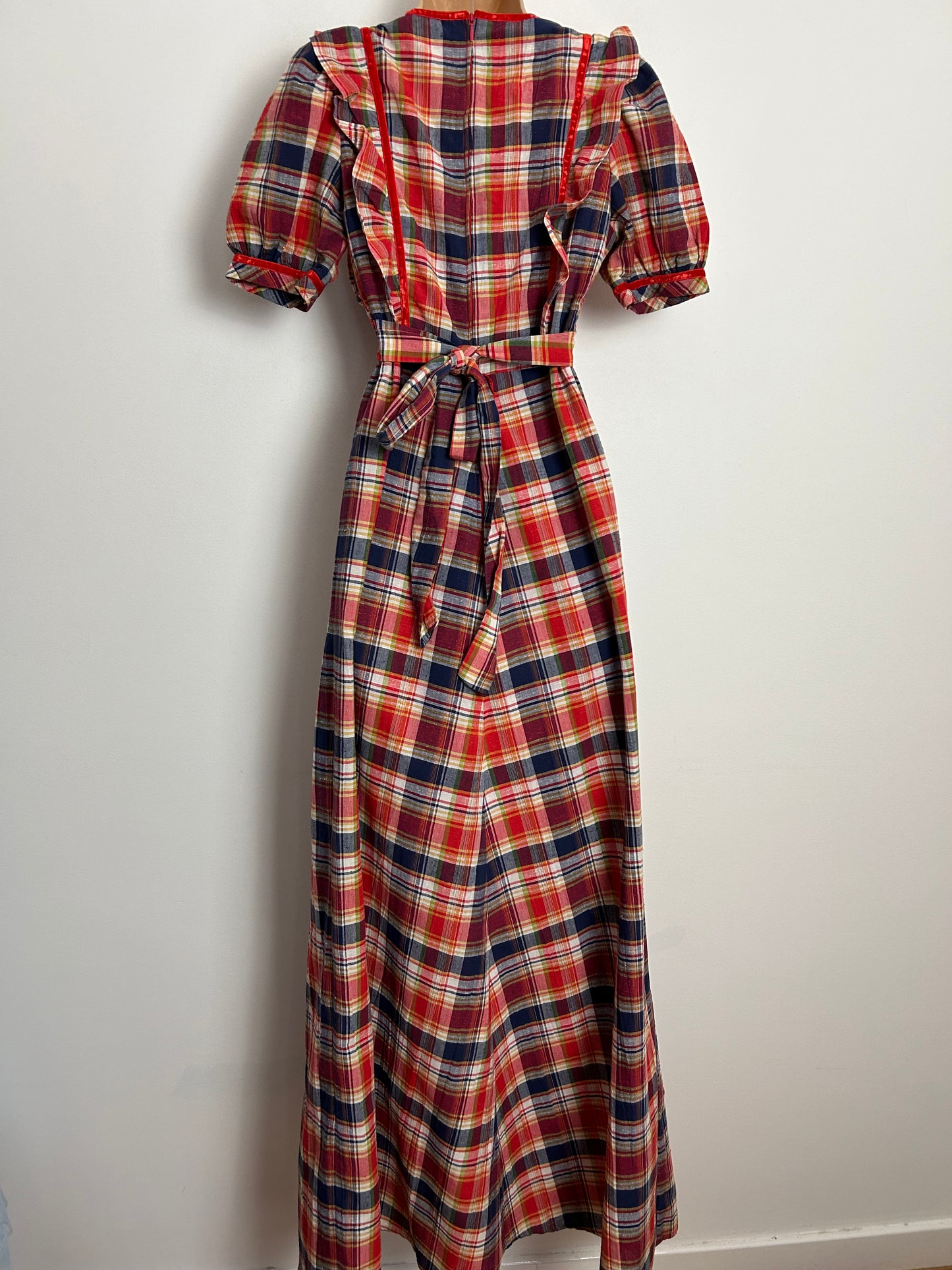 Vintage 1970s UK Size 8 Red Blue & White Check Print Short Sleeve Tie Back Prairie Cotton Maxi Dress