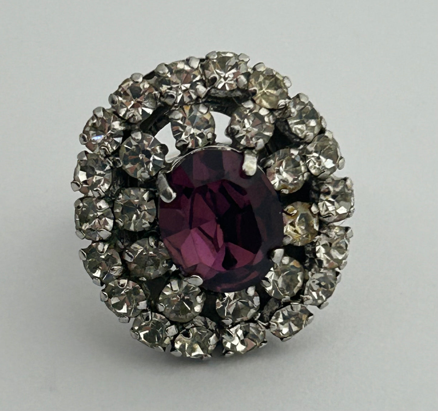 Vintage Beautiful Silver Tone Purple Glass & Diamante Set Adjustable Cocktail Ring Size P