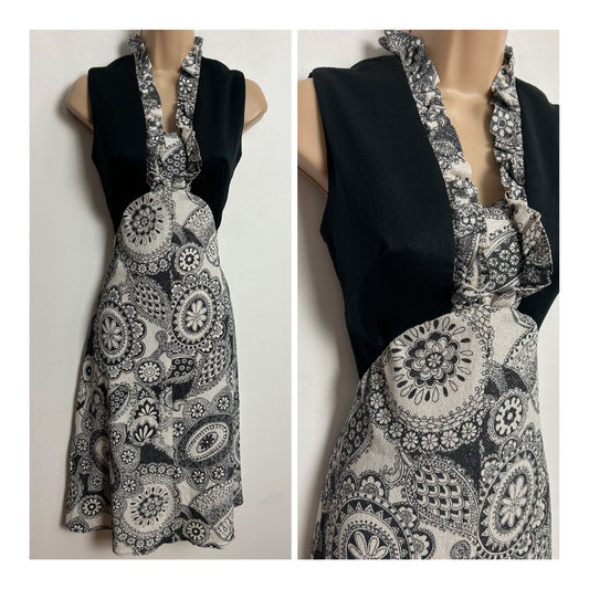 Vintage 1970s UK Size 8 Black & White Lurex Abstract Floral Print Ruffle Trim Mod Party Dress