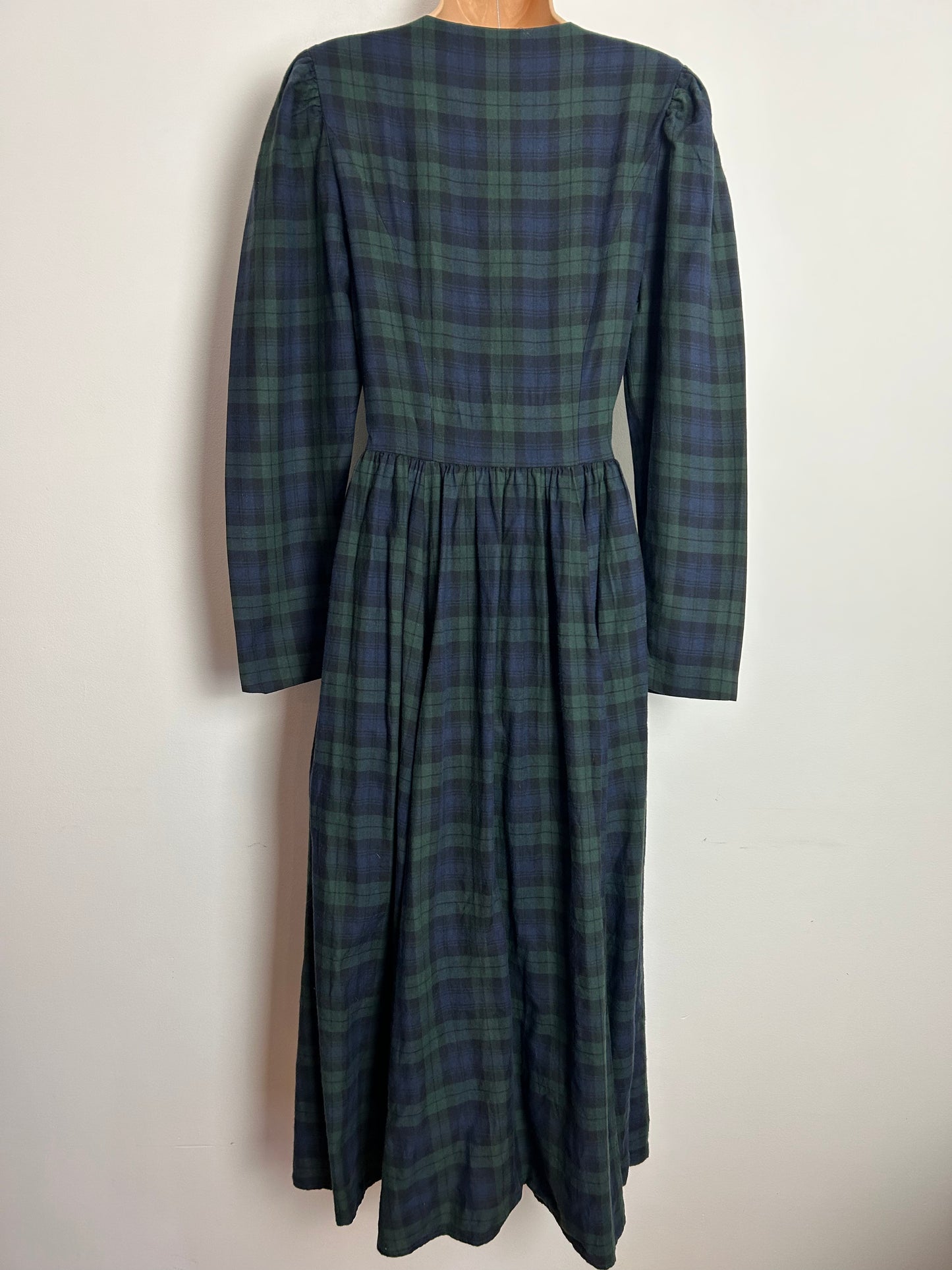 Vintage 1980s LAURA ASHLEY Made in Hungary UK Size 8 (12 On Label) Dark Blue & Green Check Print 100% Cotton Gather Pleated Midi Day Dress