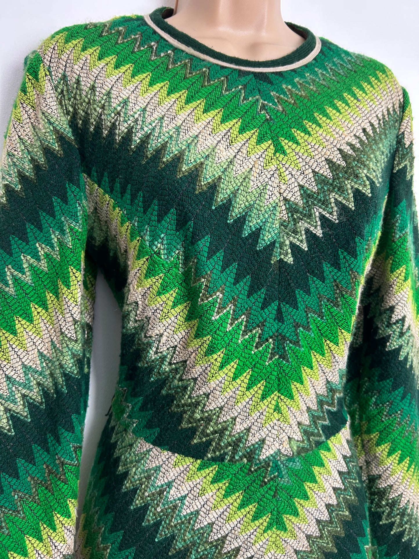 Vintage 1960s BERKERTEX UK Size 12 Incredible Green Tones Zig Zag Pattern Woven Wool Mod Dress