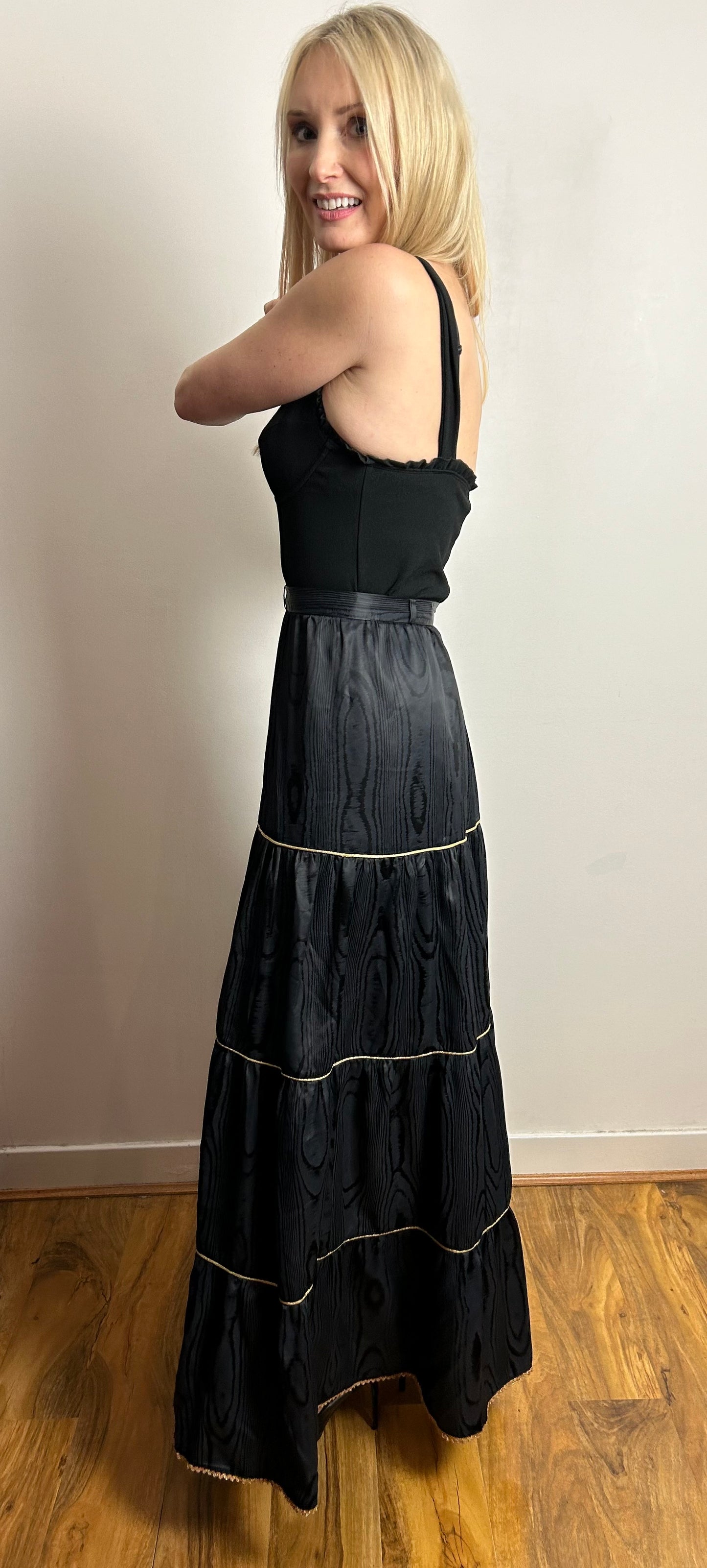 Vintage 1970s C&A UK Size 12-14 Black Moire Gold Trim Maxi Length Skirt