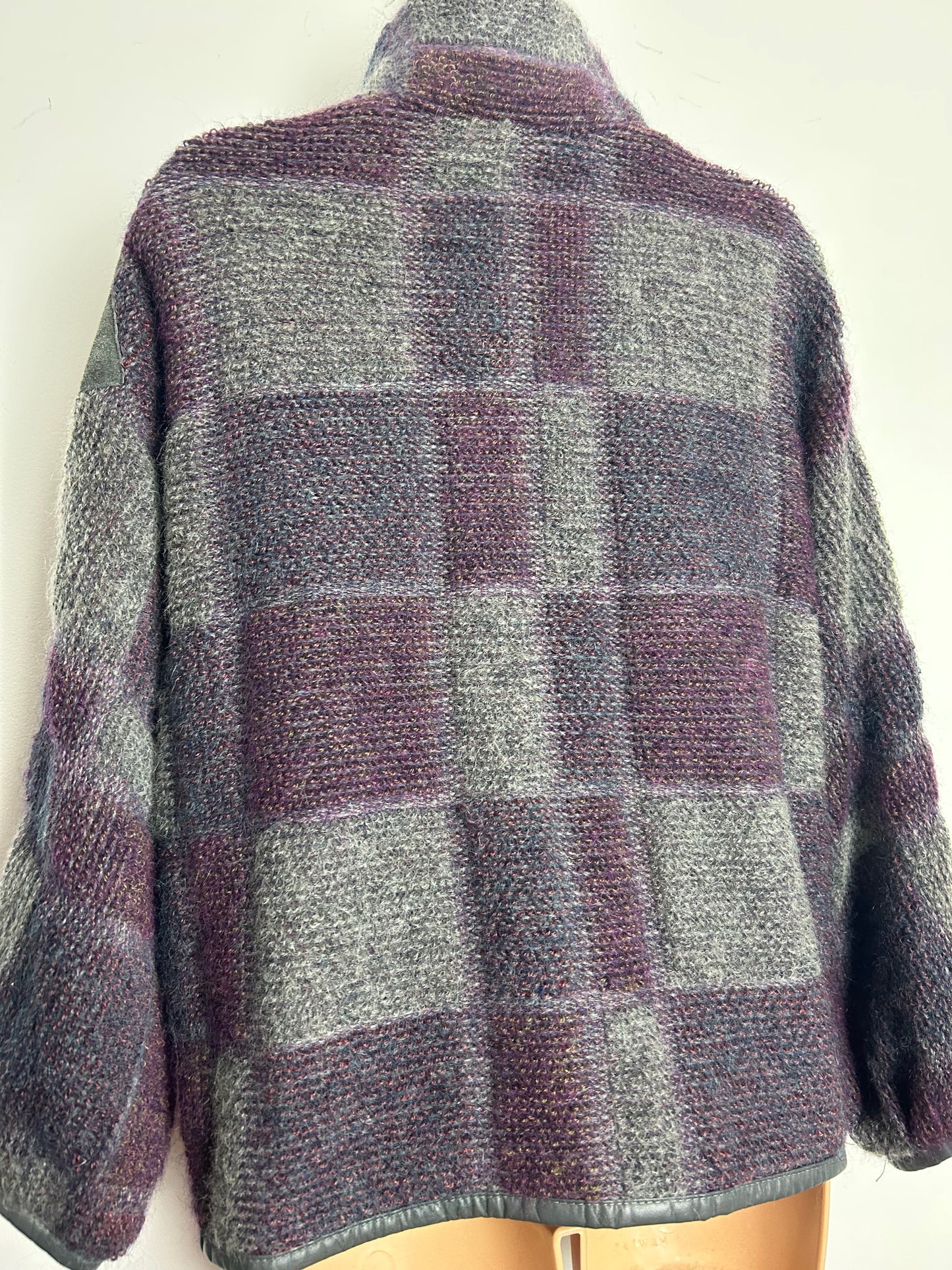 Vintage Late 1980s DINO VALIANO Size 12-14 Grey & Purple Check Kid Mohair Wool & Leather Applique Detail Coatigan