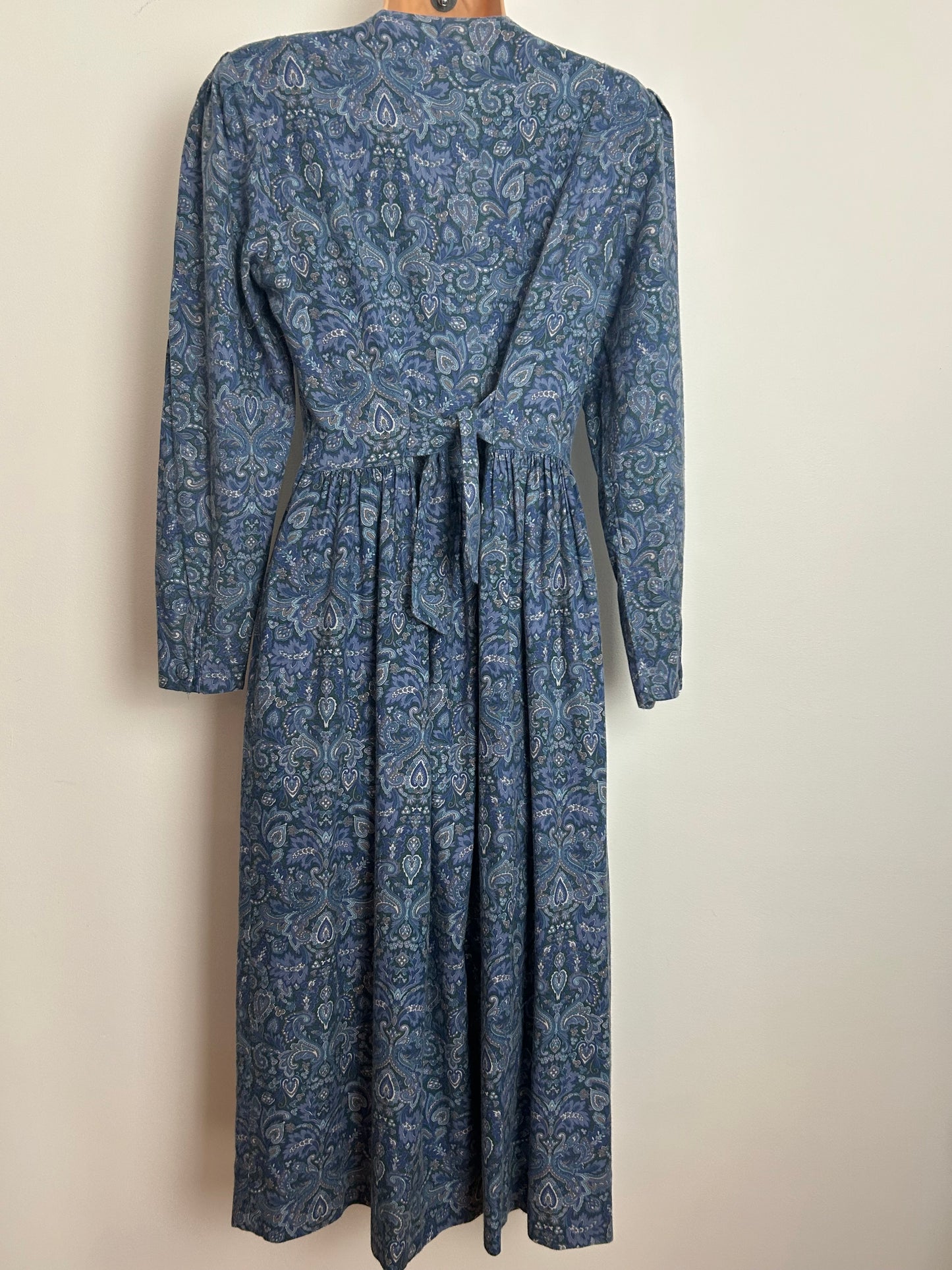 Vintage 1980s LAURA ASHLEY Size 10 (Size 12 On Label) Blue Tones Nouveau Print Wool Mix Long Sleeve Midi Dress