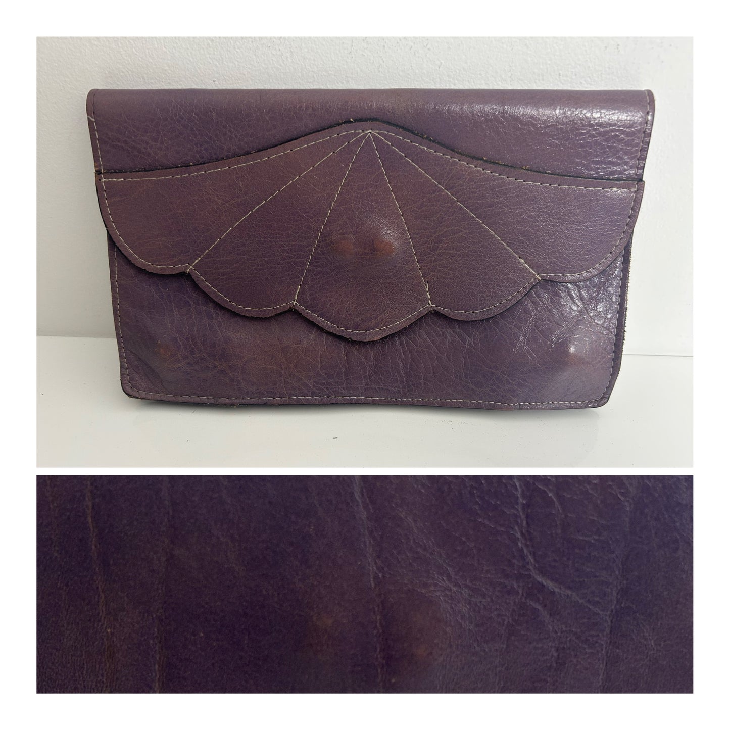 Vintage 1980s Lavender Purple Real Leather Scallop Detail Envelope Clutch Bag