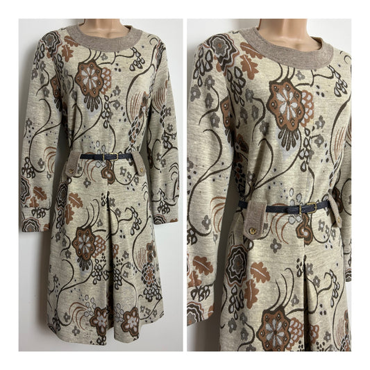 Vintage 1960s ST MICHAEL Size 14 Beige & Brown Tones Floral Print Long Sleeve Belted Mod Dress