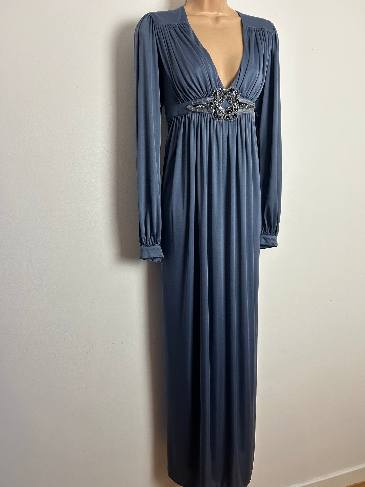 Vintage Early 1970s RARE COLIN GLASCOE Size 10-12 Pewter Gather Pleated Bead Applique Long Sleeve Maxi Dress