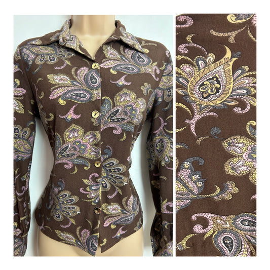 Vintage 1970s UK Size 10 Brown Beige Blue & Pink Floral Print Brushed Nylon Long Sleeve Shirt