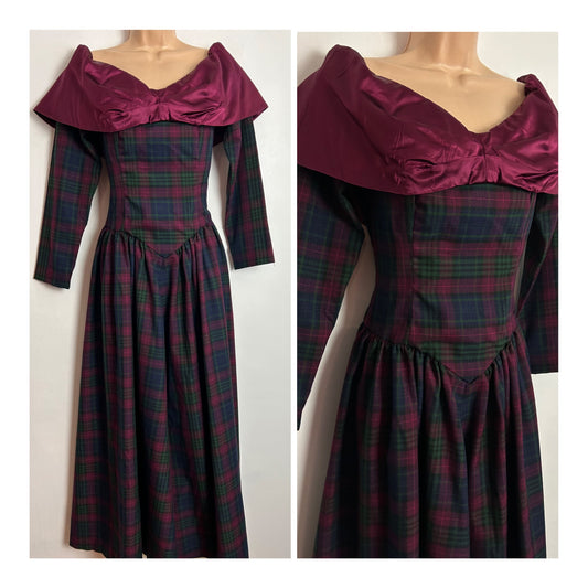 Vintage 1980s UK Size 8 (Poss 8-10) Dark Green & Claret Tartan Check Bardot Neck Christmas Gown/Dress