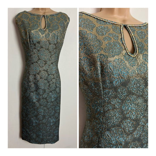 Vintage 1960s UK Size 14 Gold & Blue Lurex Brocade Diamante Embellished Party Mod Shift Dress