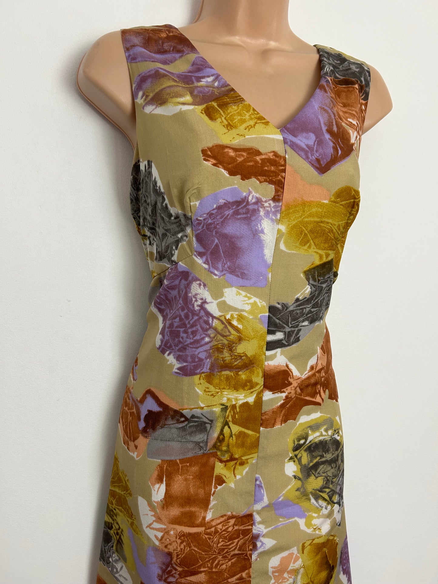 Vintage 1970s UK Size 10-12 Beige Lilac & Brown Tones Abstract Print Sleeveless Boho Maxi Dress