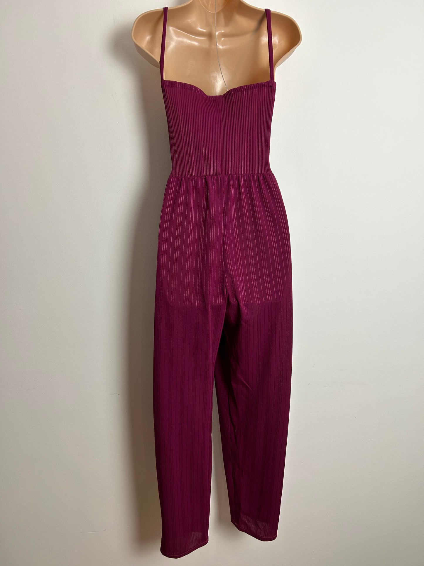 Vintage 1980s INKA MODELL UK Size 14-16 Maroon Plisse Pleated Stripe Lace Trim Jumpsuit & Matching Jacket