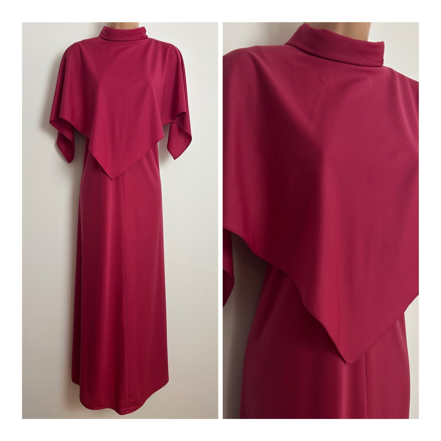 Vintage 1970s ALLDAE Size 12 Raspberry Dark Pink Cape Sleeve Double Layered Boho Maxi Dress