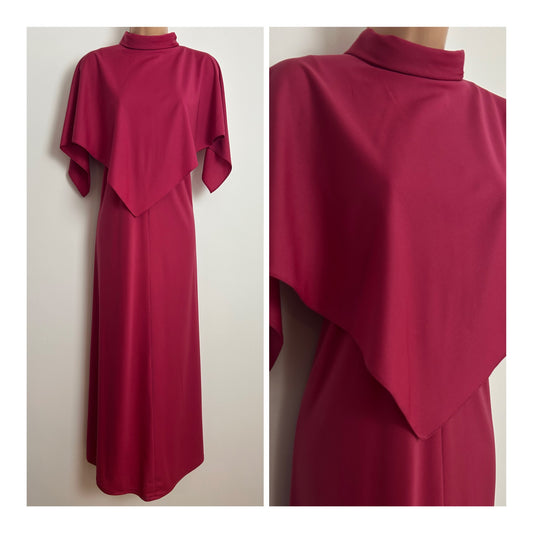 Vintage 1970s ALLDAE Size 12 Raspberry Dark Pink Cape Sleeve Double Layered Boho Maxi Dress