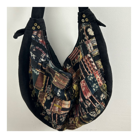 Vintage IKAT ART Collections Black Woven Tapestry 100% Cotton Boho Hippie Tote Bag