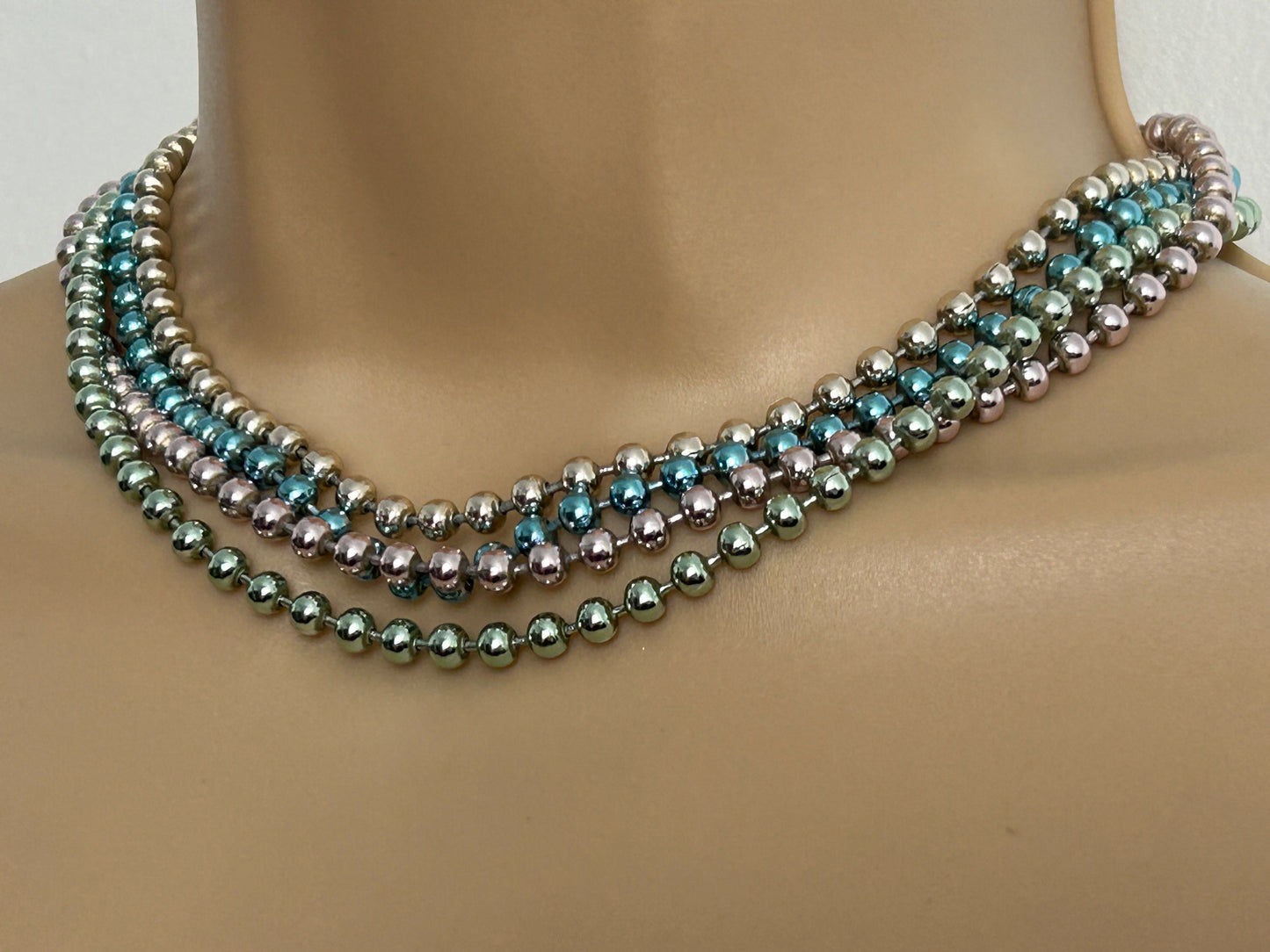 Vintage 1960s Pastel Colour Metal Bead Four Strand Choker Style Necklace
