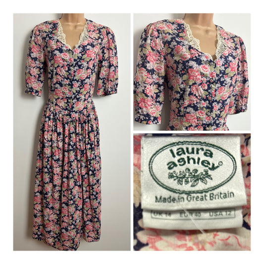 Vintage 1980s LAURA ASHLEY Size 12 Navy Blue & Pink Floral Lace Collar Tea Dress