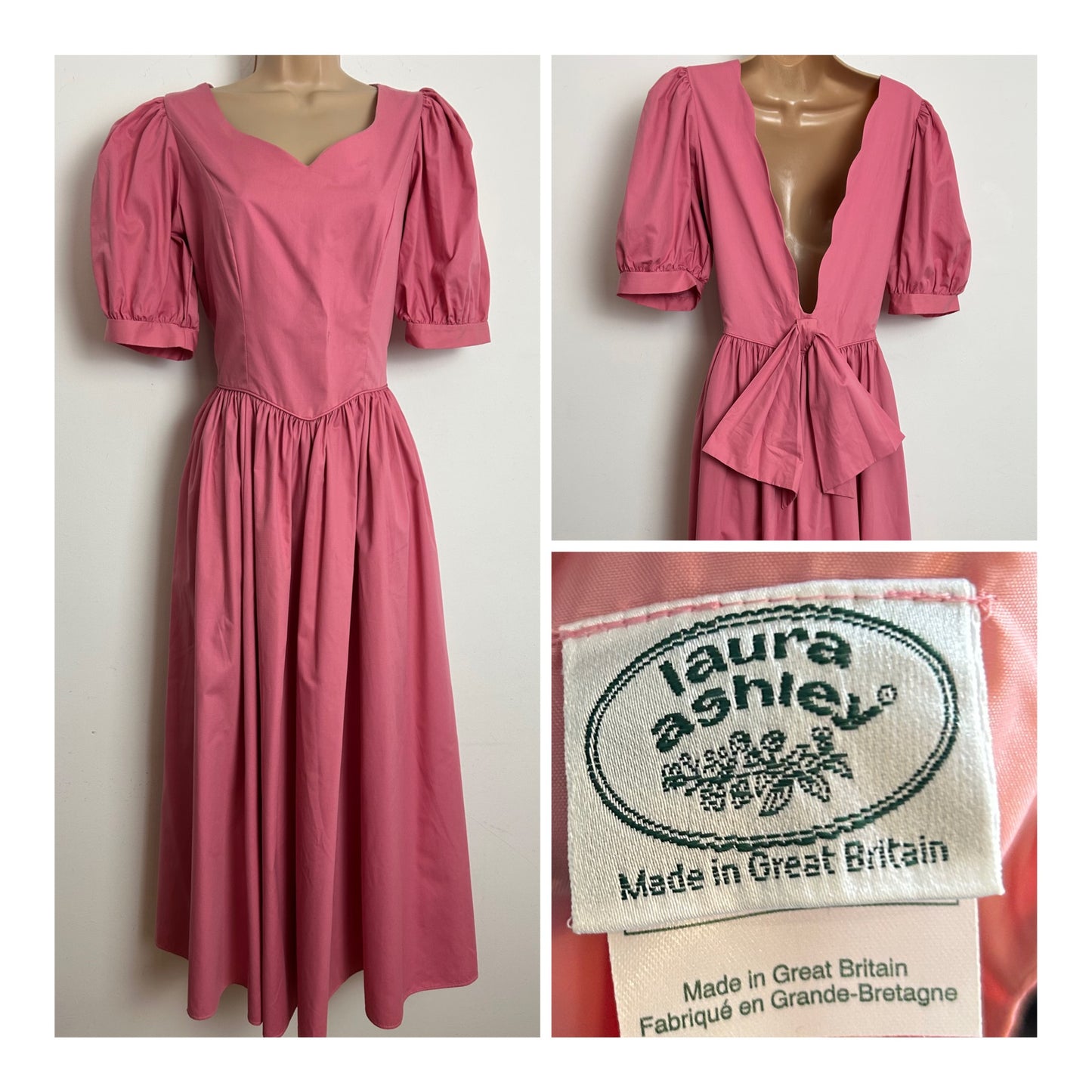 Vintage 1980s LAURA ASHLEY Size 12 (14 On Label) Salmon Pink Open Bow Back Dress