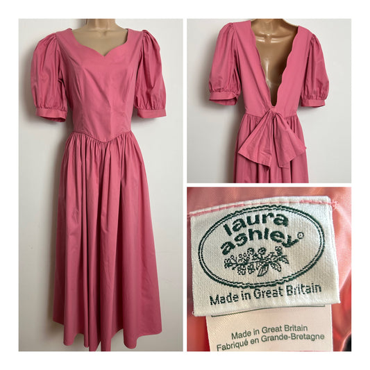 Vintage 1980s LAURA ASHLEY Size 12 (14 On Label) Salmon Pink Open Bow Back Dress