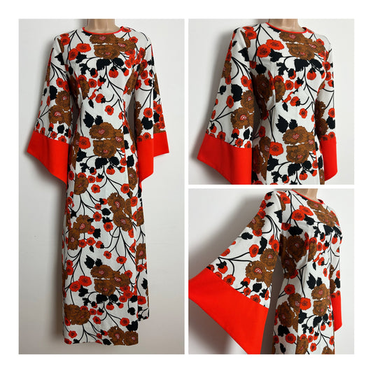 Vintage 1970s Size 12 HARMONY White Orange & Black Bold Floral Print Wide Pointed Sleeve Maxi Dress