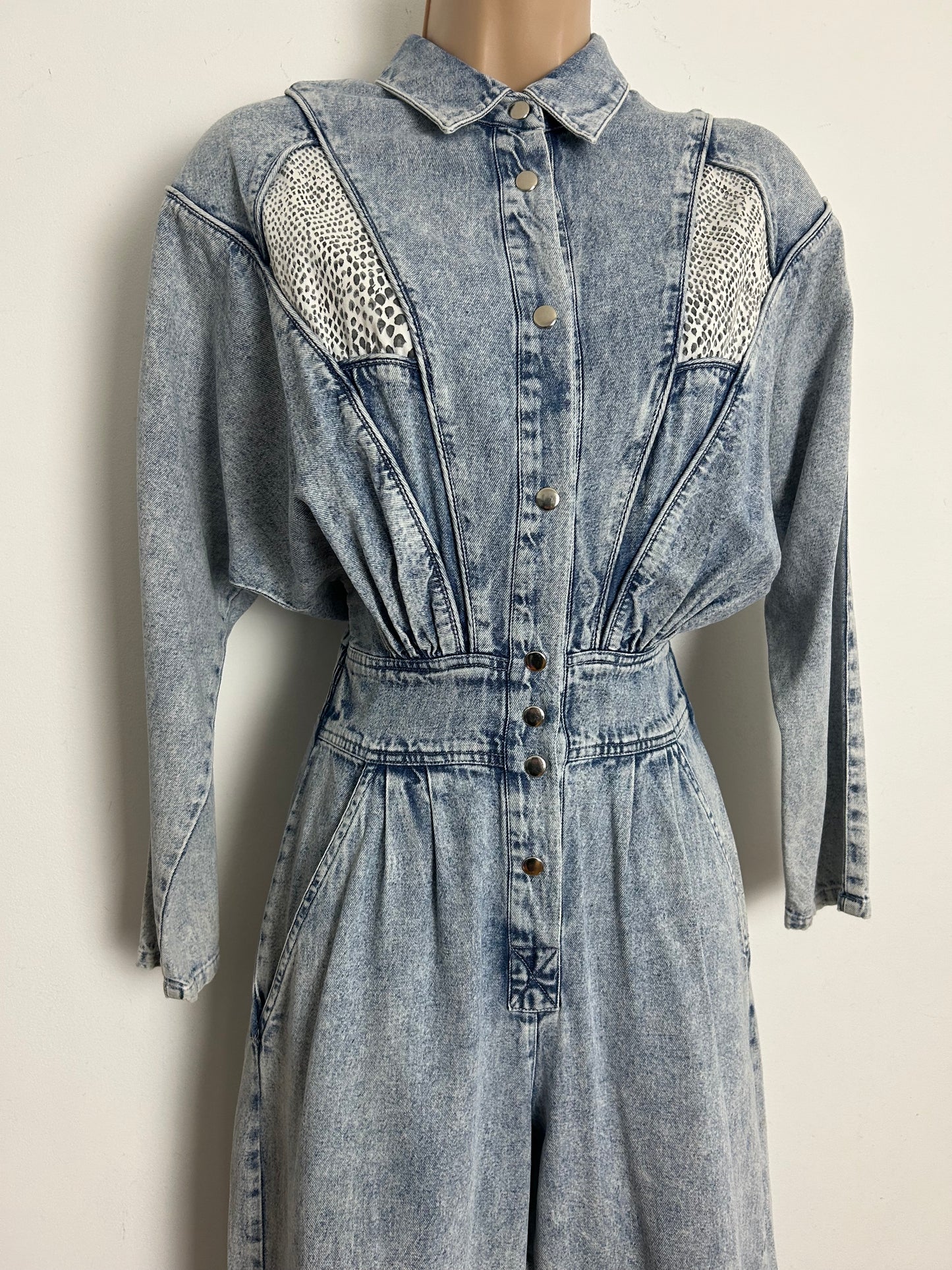 Vintage 1980s AVON FASHIONS Size 8-10 Acid Wash Denim & Snake Print Panels Tapered Leg Jumpsuit