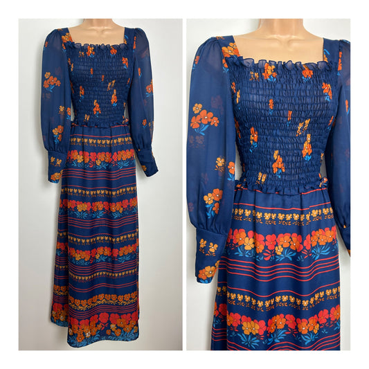 Vintage 1970s VERA MONT PARIS Size 8-10 Navy Blue & Orange Floral & Stripe Print Boho Maxi Dress